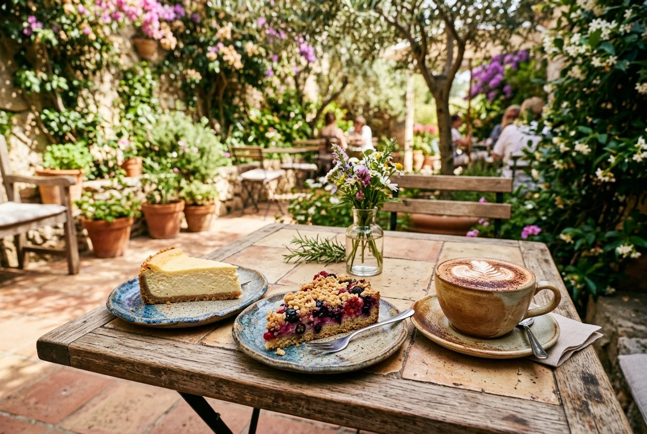 Tartas caseras y café de especialidad servido en plato de cerámica