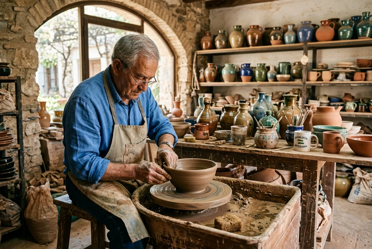 Maestro ceramista moldeando pieza de barro en el torno