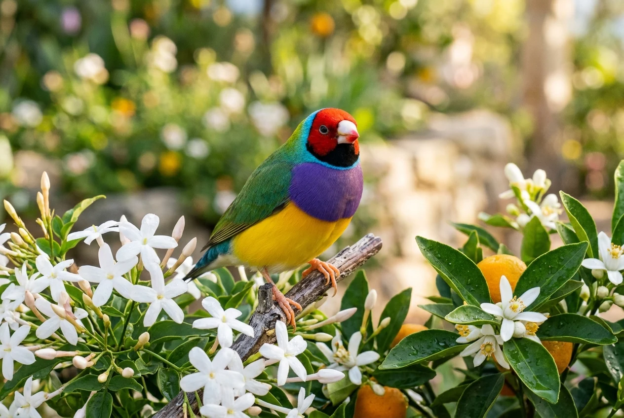 Ave tropical de vivos colores posada en rama florecida