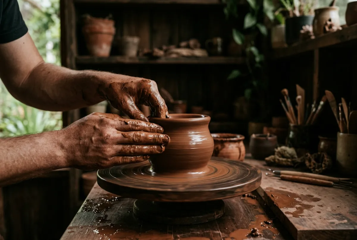 Maestro ceramista Rüdiger Schrör modelando una pieza artesanal de barro en el torno