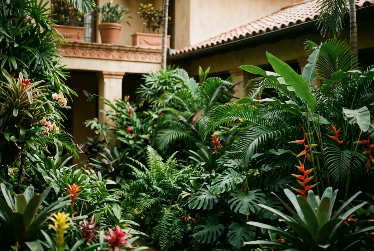 Jardín botánico con aves tropicales y esculturas artísticas en el santuario