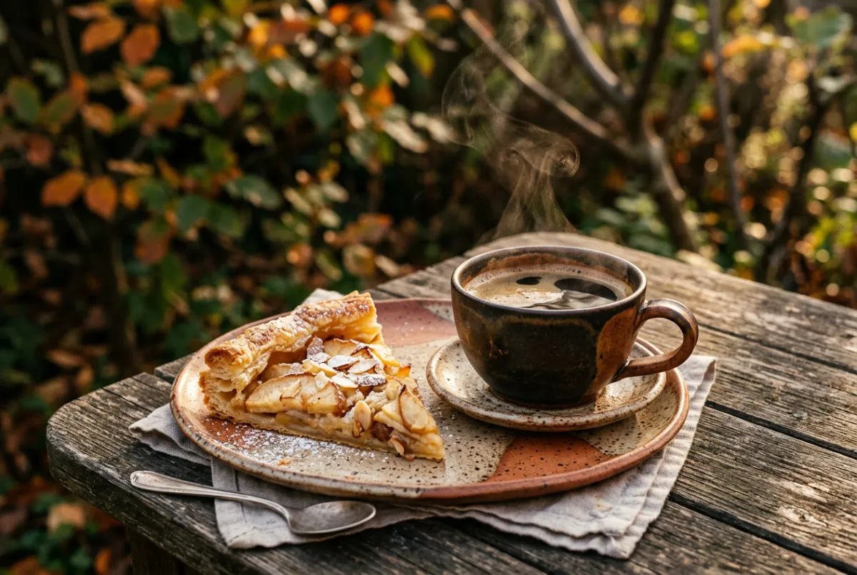 Pastelería casera recién horneada y café de especialidad servido en vajilla de cerámica