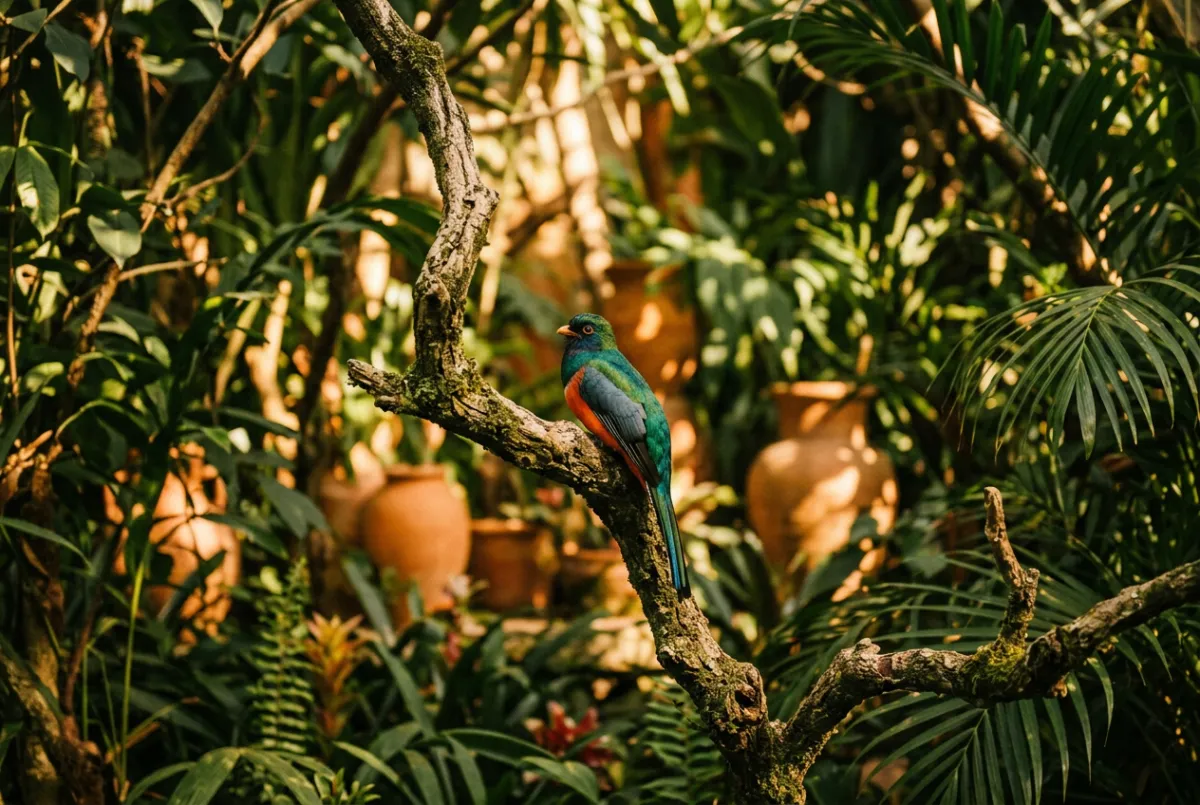 Rincón botánico con sombra y fuentes en el jardín
